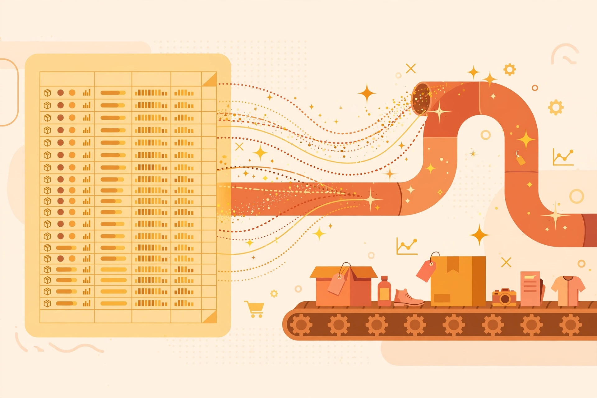 Product data rows flowing from a spreadsheet into an AI copy generation pipeline