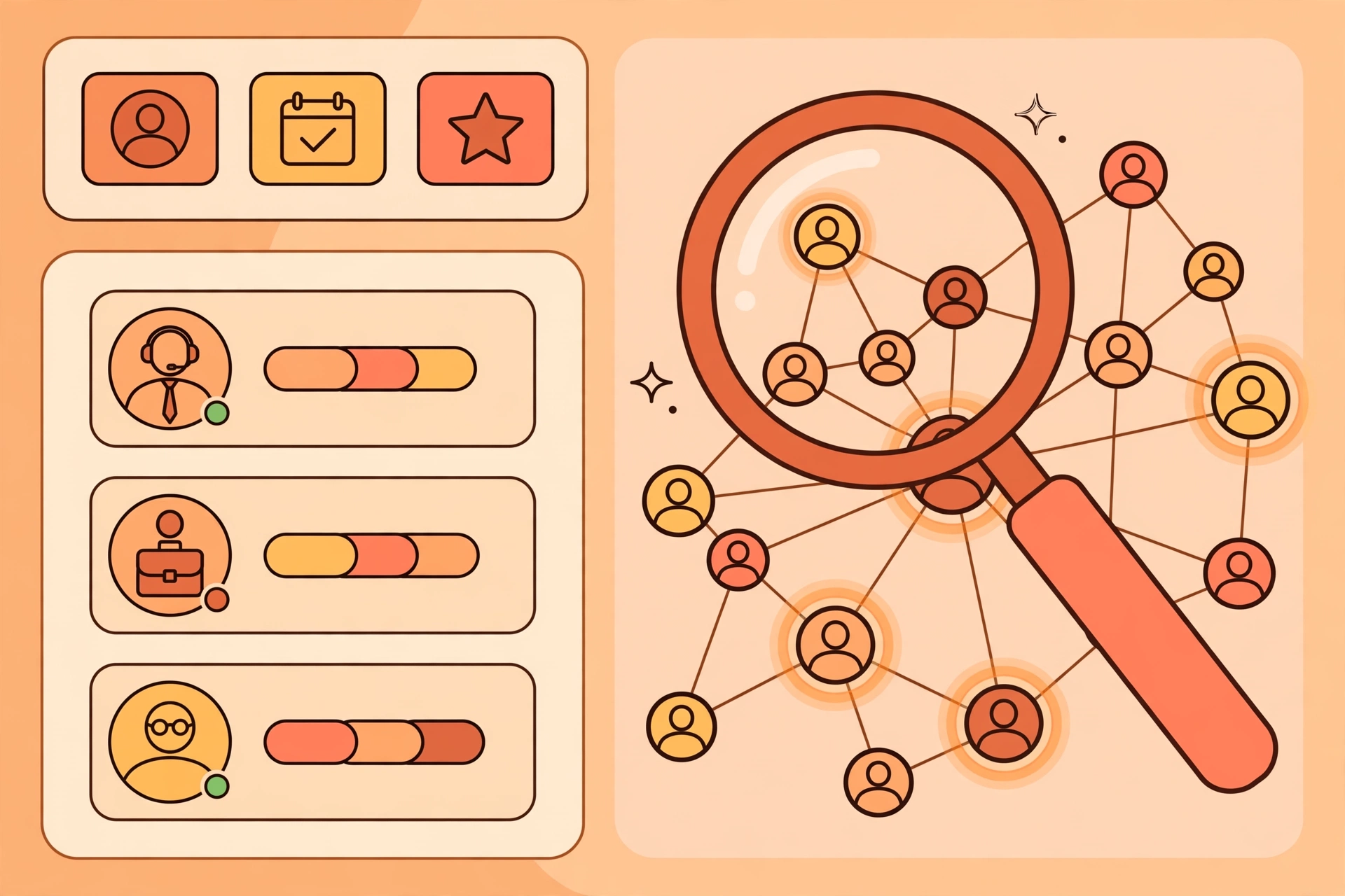 AI recruiter dashboard with candidate profile cards and a magnifying glass over a network of profiles