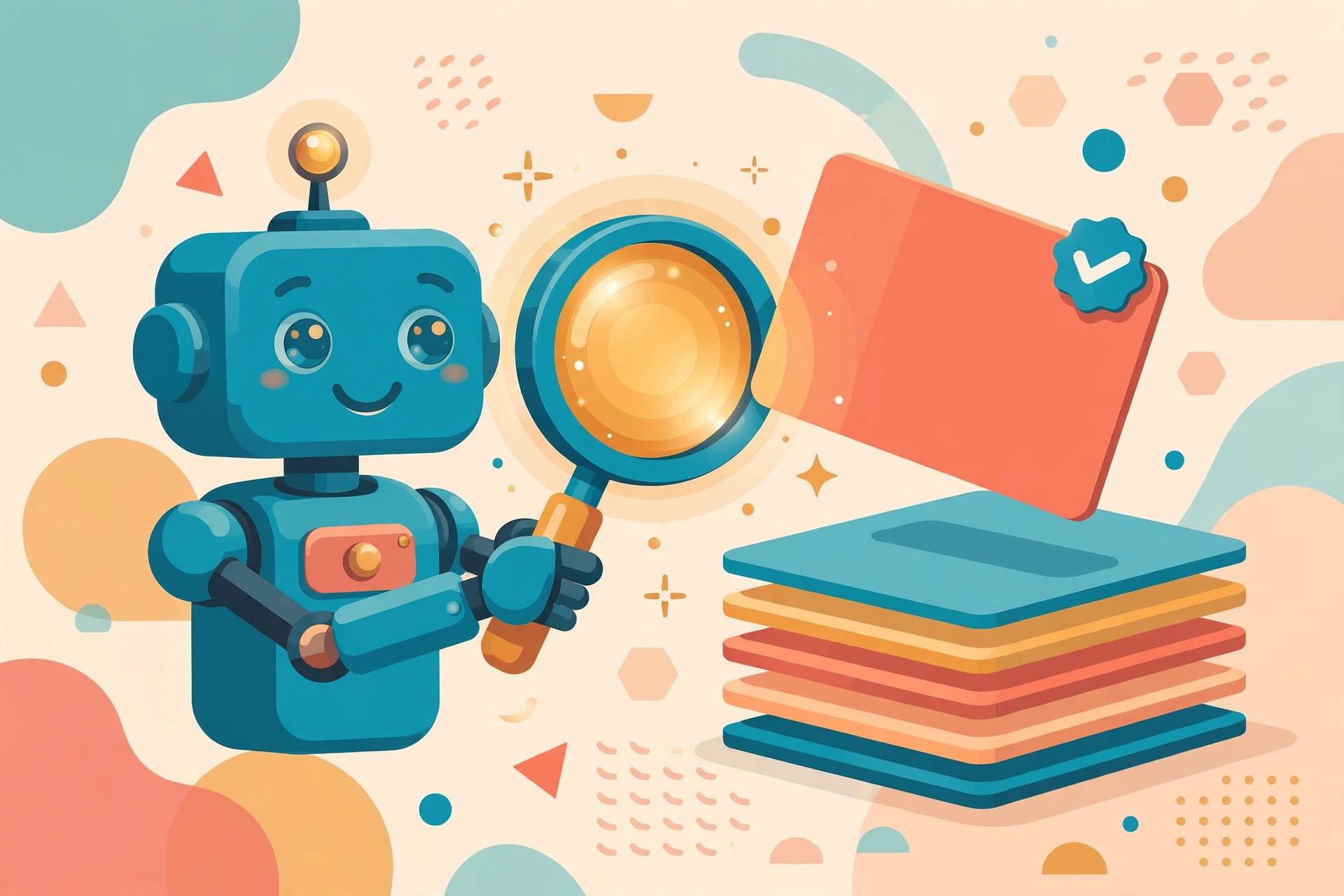 AI robot assistant pulling a verified answer card from a stack of documents