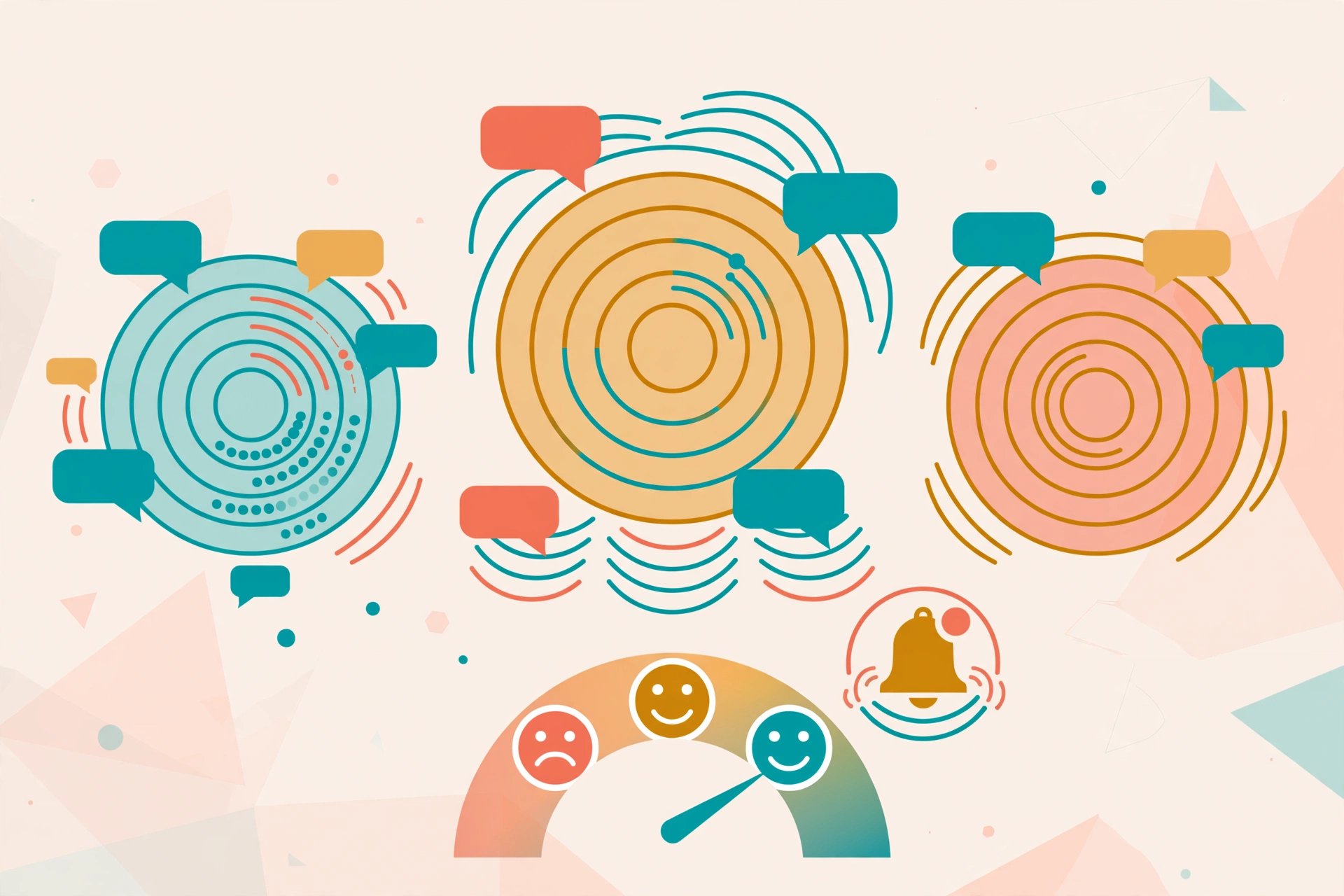 Three social listening dashboards scanning social media mentions with alert bells and sentiment gauges