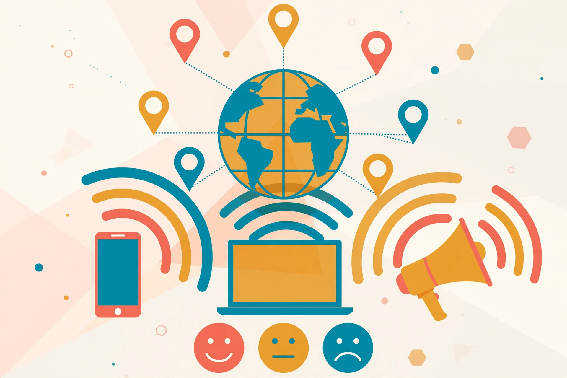 Globe with location pins and signal waves showing brand mention coverage across platforms