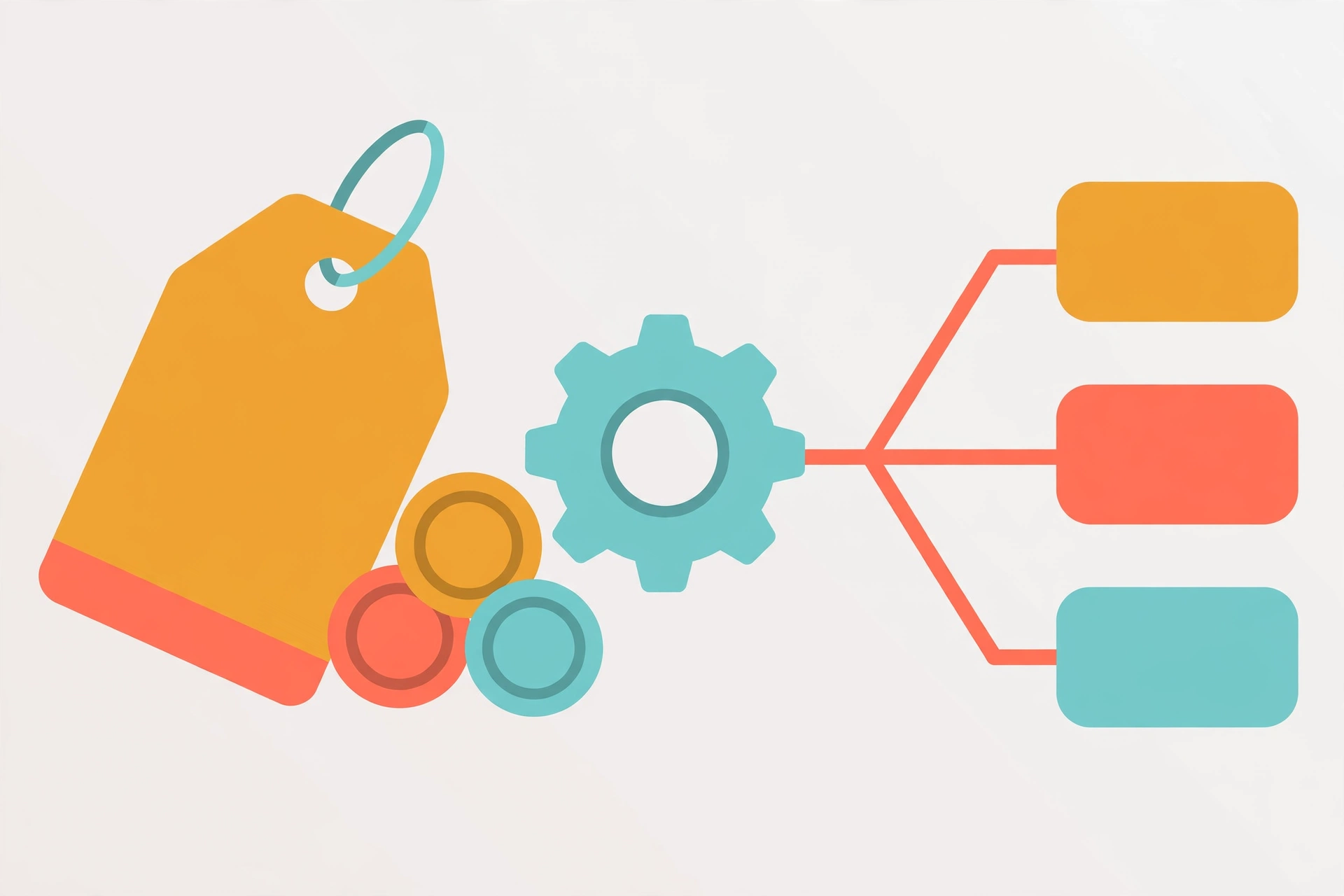 Cost per automation run compared across tools — price tag and coins beside a workflow gear, flat vector illustration