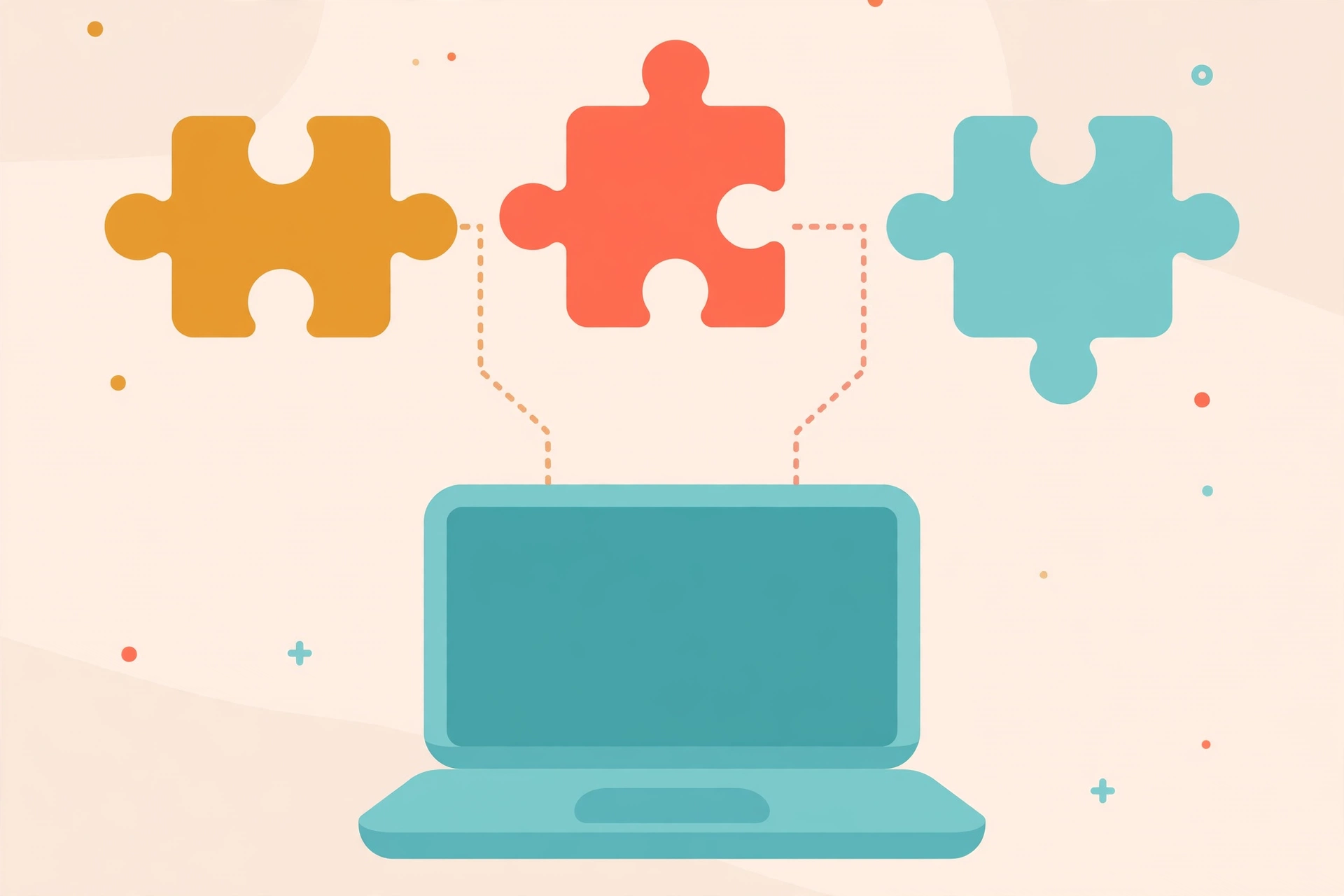 Three workflow automation tools connecting apps above a laptop — flat vector illustration