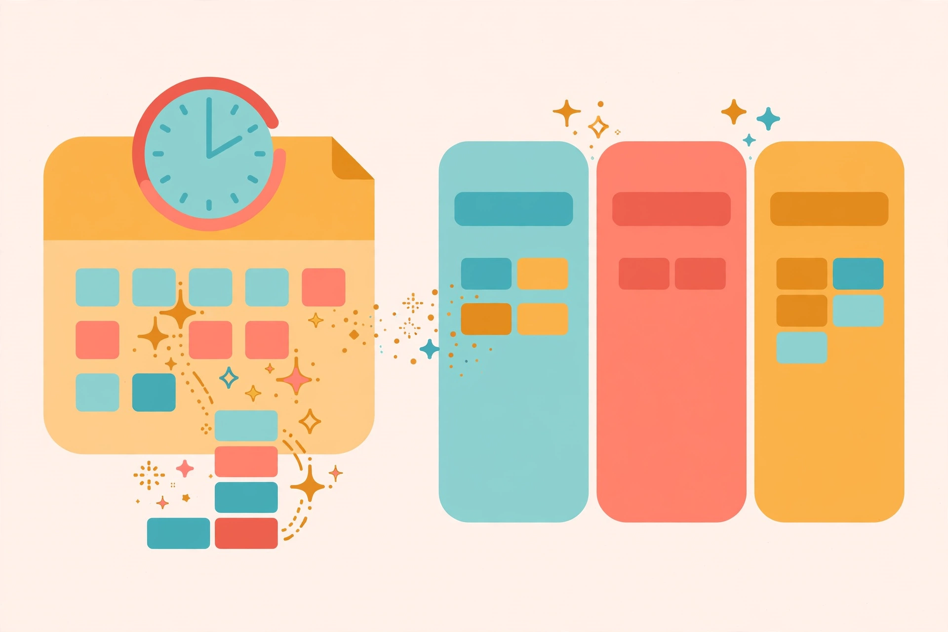 AI auto-scheduler calendar beside a project kanban board — flat vector illustration