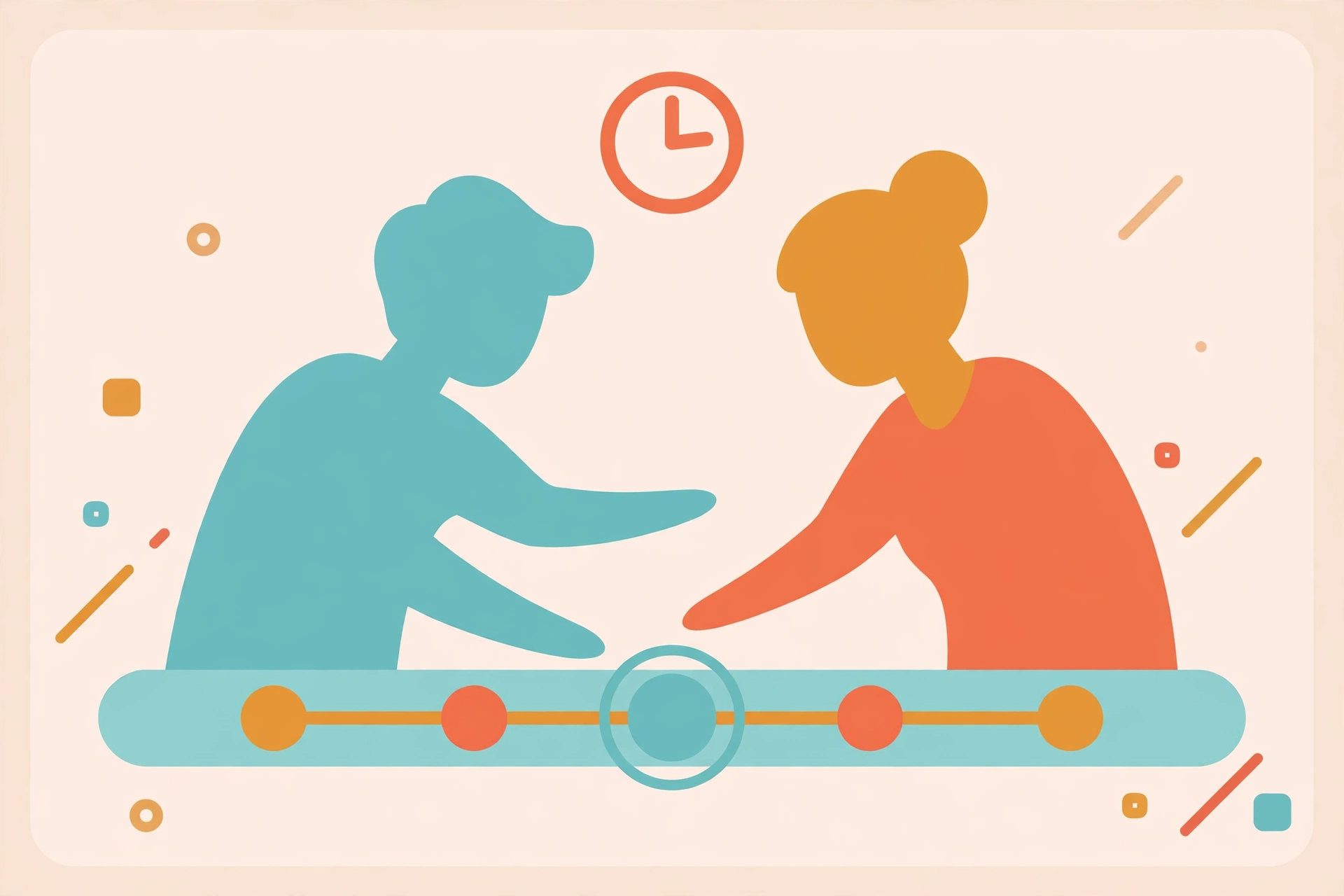 Two teammates collaborating around a project timeline — flat vector illustration