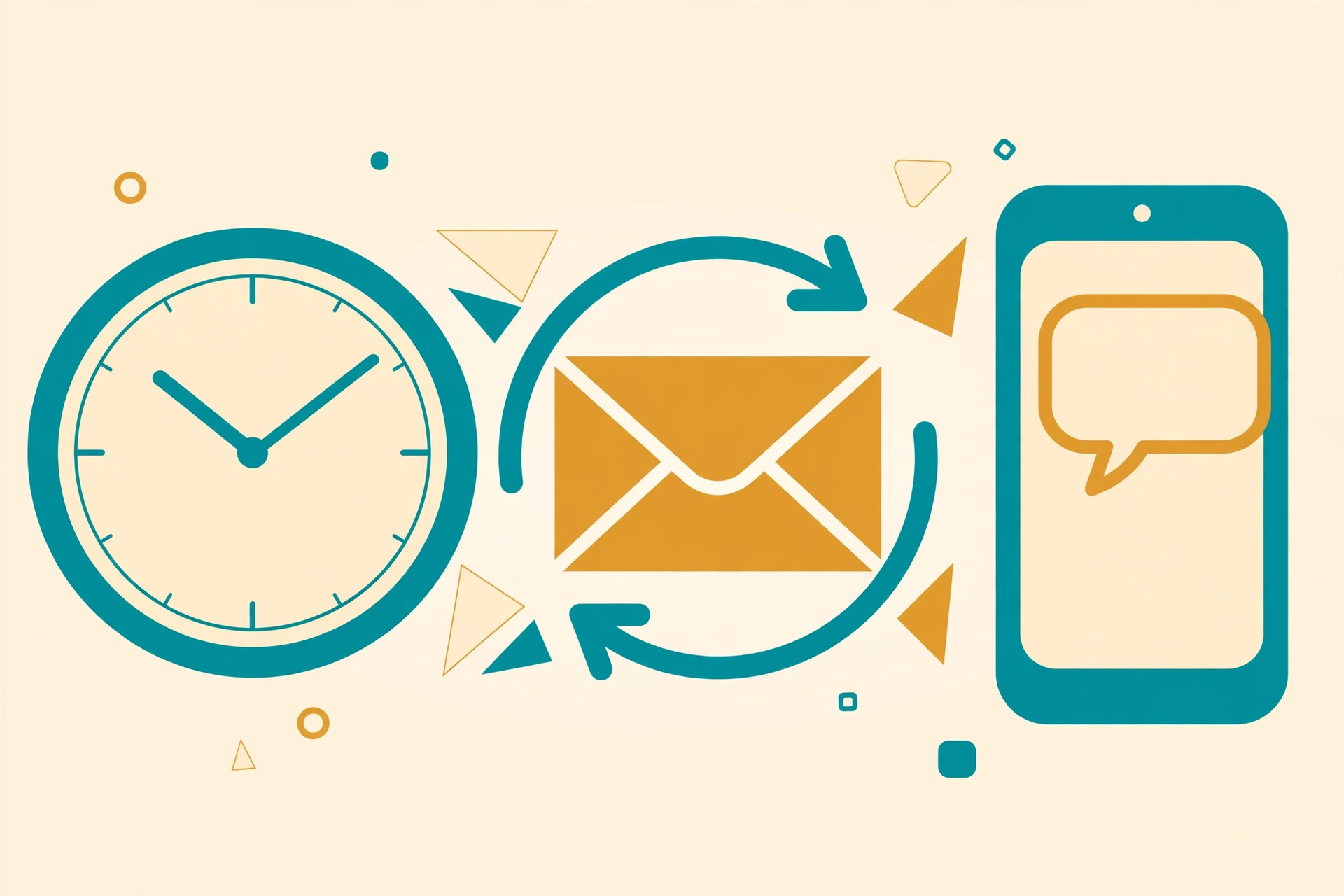 A clock beside an envelope with a refresh arrow and a smartphone, symbolizing automated policy renewals