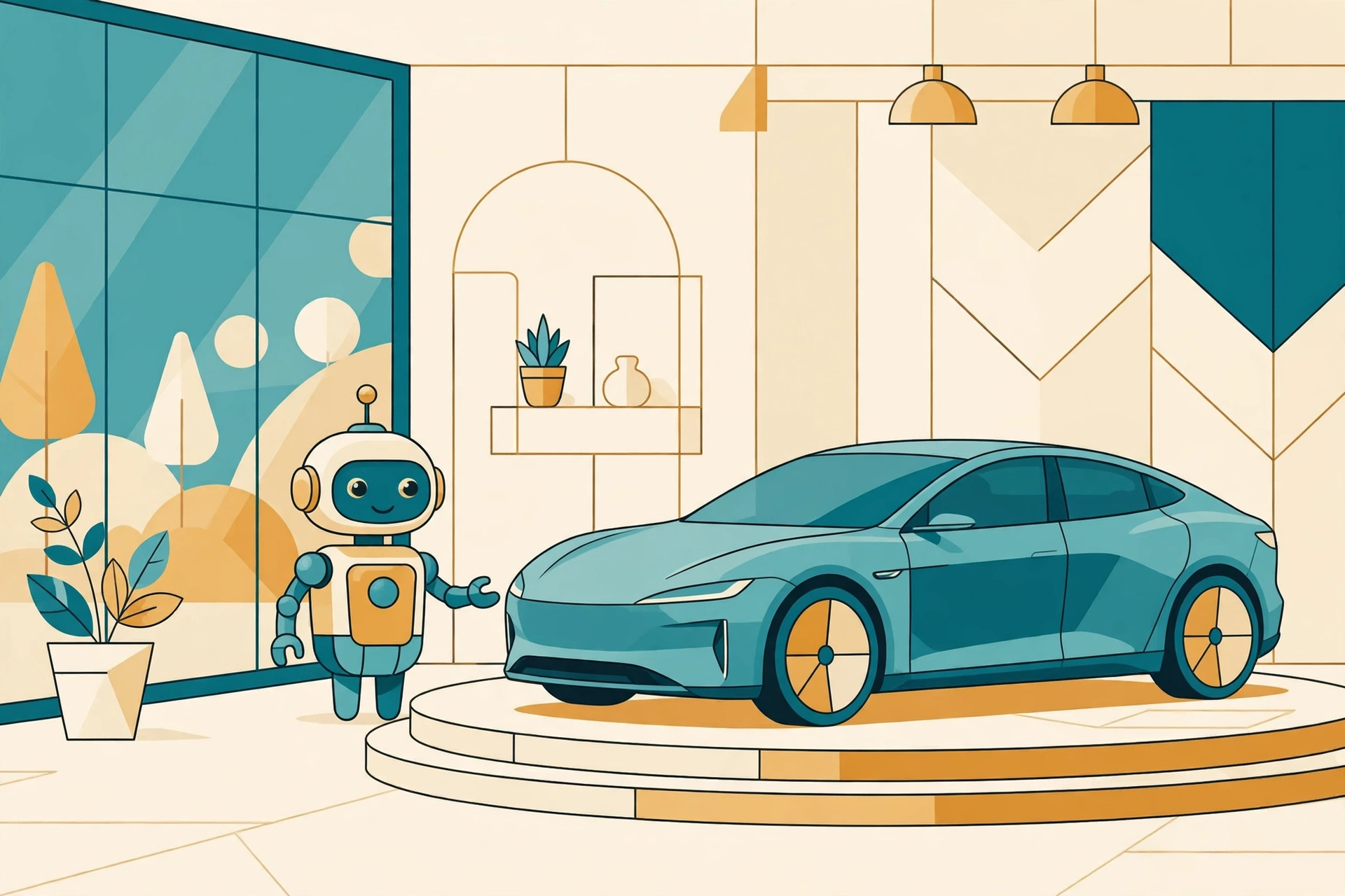 A car on a showroom platform with a friendly robot assistant beside it