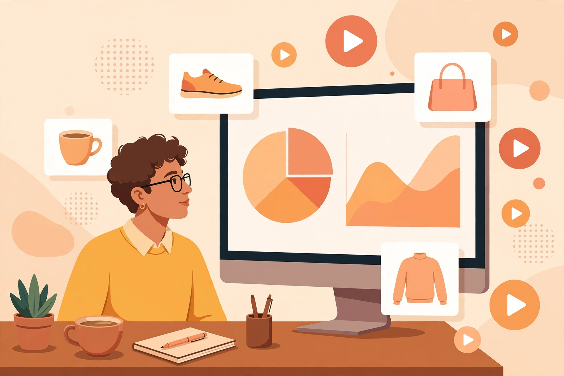 Marketer at a desk surrounded by AI ad creative cards and play buttons