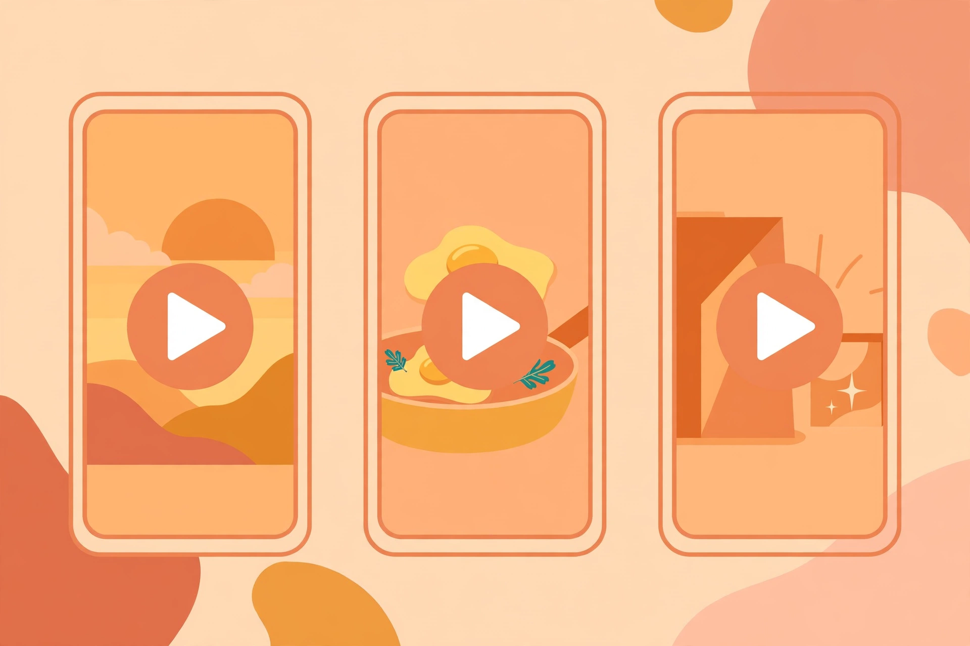 Three smartphones showing short video ad frames side by side