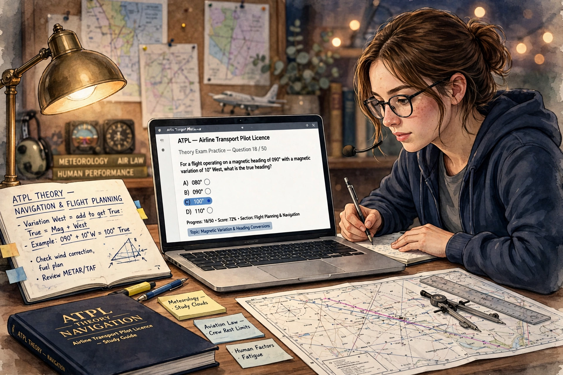 A student pilot studying ATPL theory with practice questions on a laptop and aviation charts