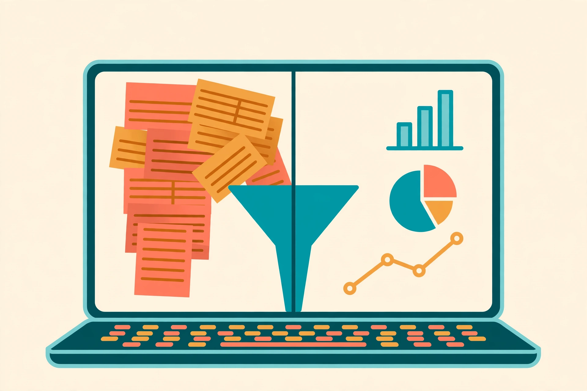 Flat vector illustration of a laptop screen split in half, with spreadsheet rows entering a funnel on the left and neat bar charts, pie charts and trend lines coming out on the right