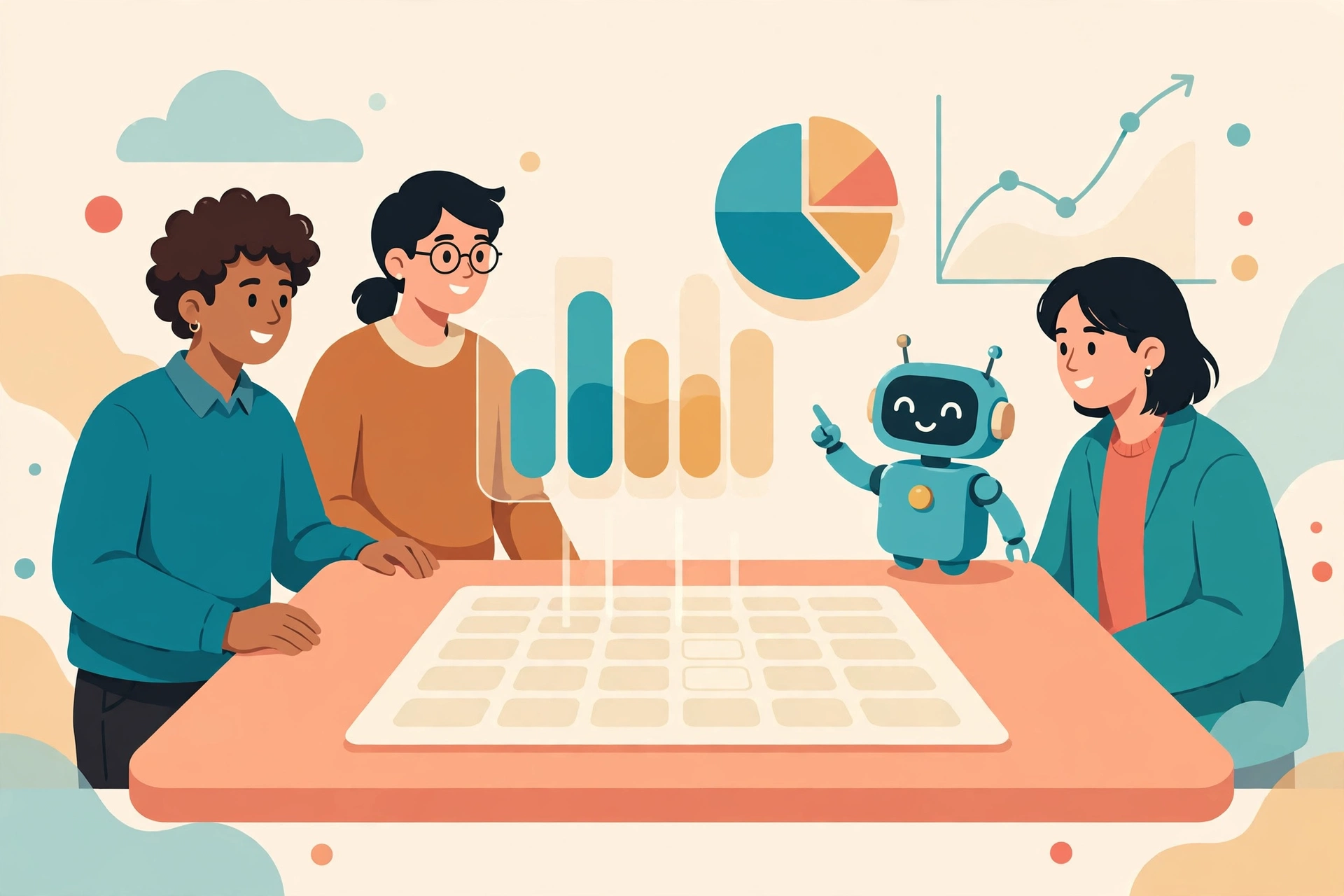 Flat vector illustration of a small business team gathered around a desk with floating dashboard charts, bar charts and line graphs rising from a spreadsheet, with a small friendly robot assistant pointing at a chart