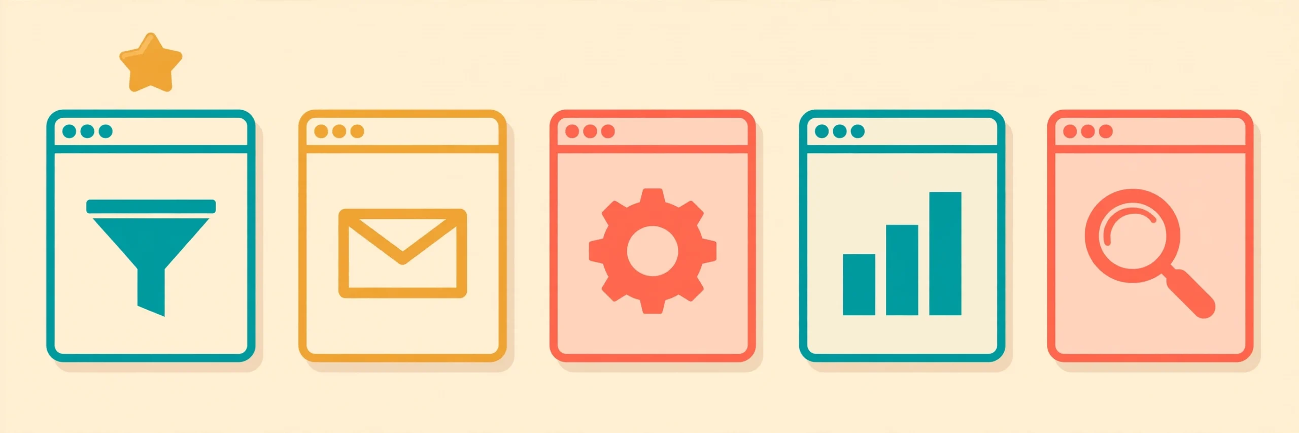 Flat vector illustration of five app window panels arranged in a row like comparison cards, each showing a different abstract symbol — a pipeline funnel, an envelope, a gear, a bar chart and a magnifying glass — with a star badge above the first panel