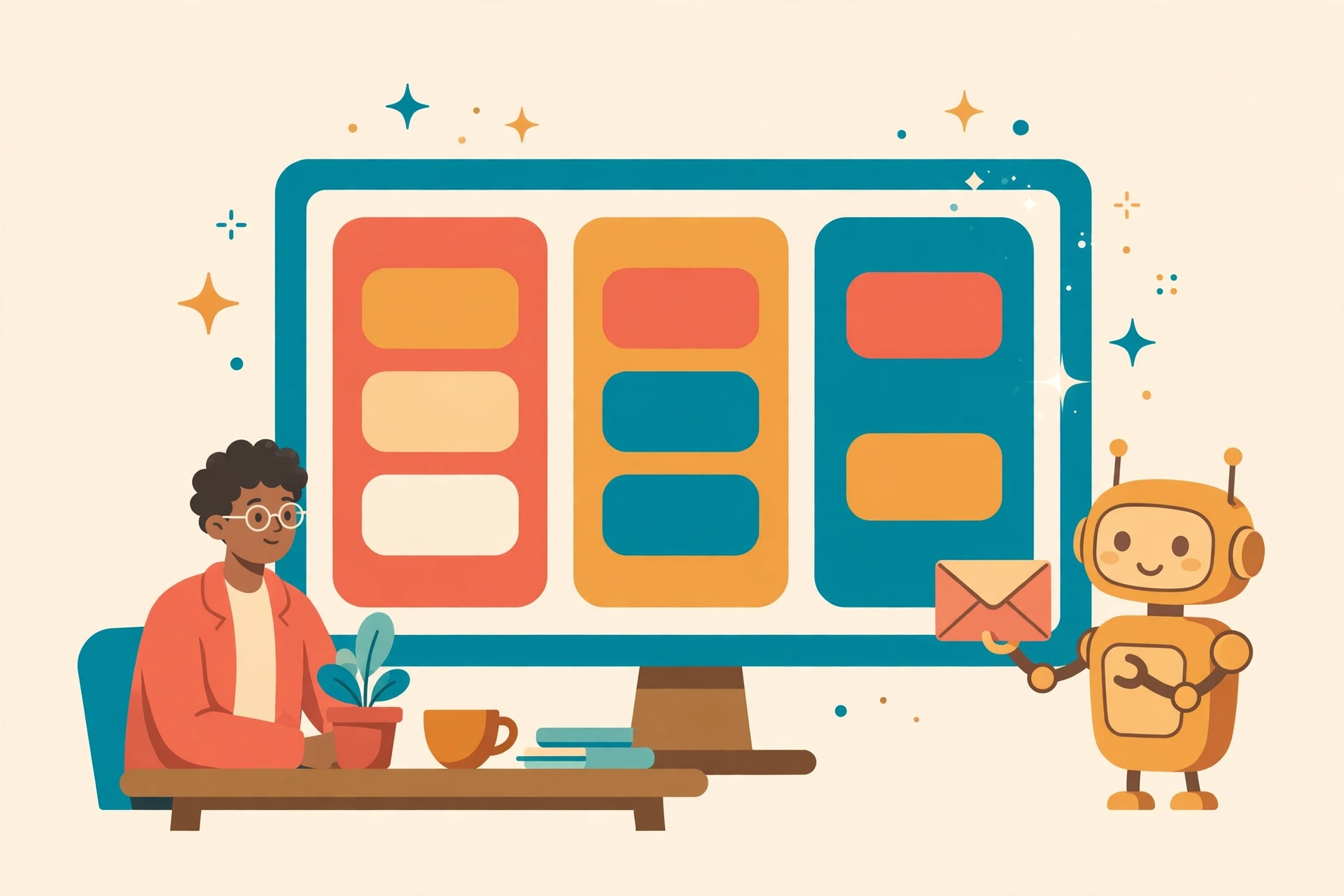 Flat vector illustration of a small business owner at a desk in front of a large screen showing a sales pipeline board with cards in columns, with a friendly robot assistant drafting an email and subtle sparkles around the screen