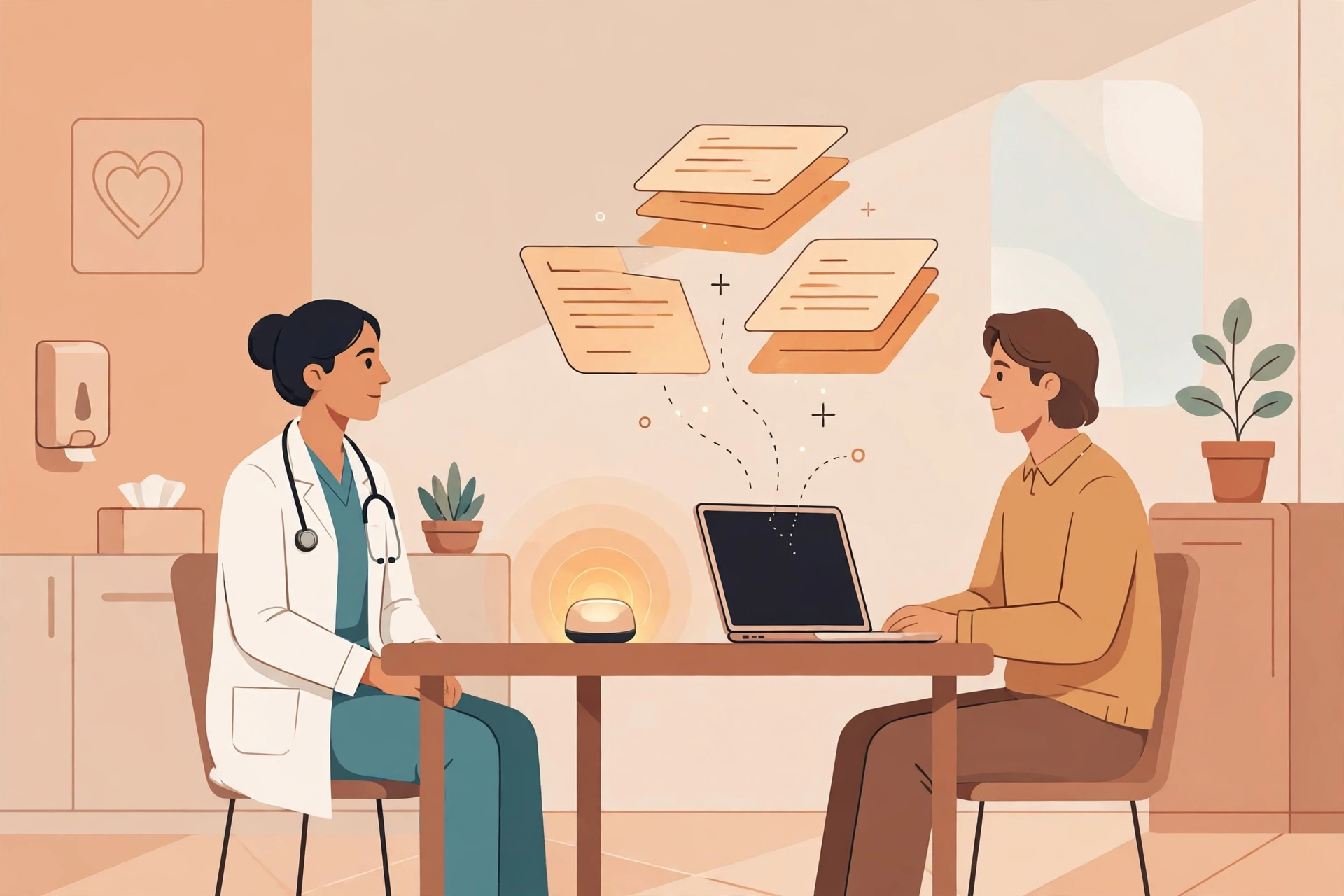 Flat vector illustration of a clinician and patient in an exam room, an ambient listening device on the desk while clinical notes are drafted automatically