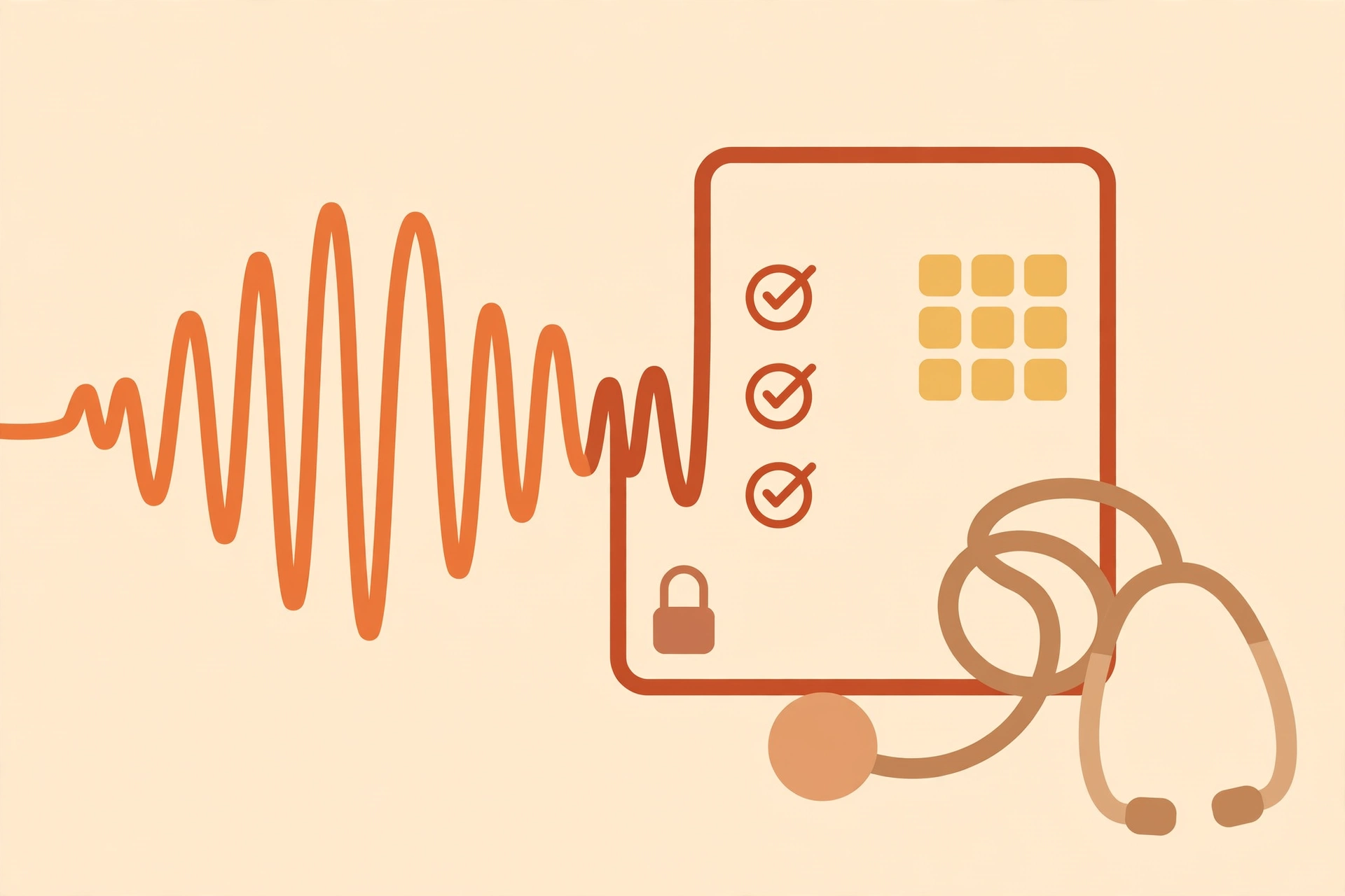 Abstract flat vector illustration of a sound wave transforming into an organized clinical document with checklist, padlock, and calendar elements