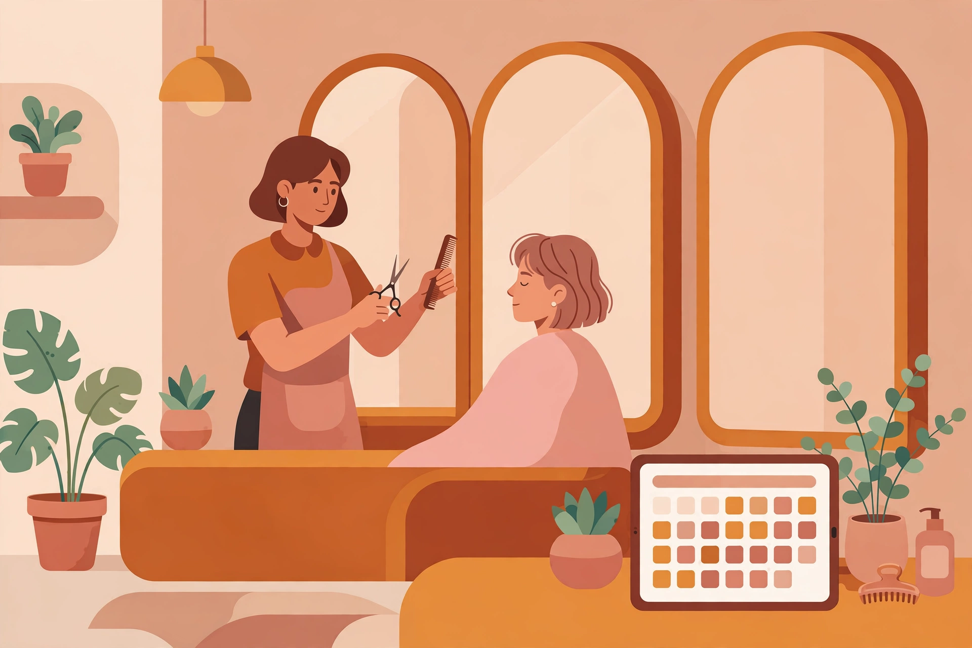 Stylist cutting a client's hair in a salon while a tablet shows a booking calendar