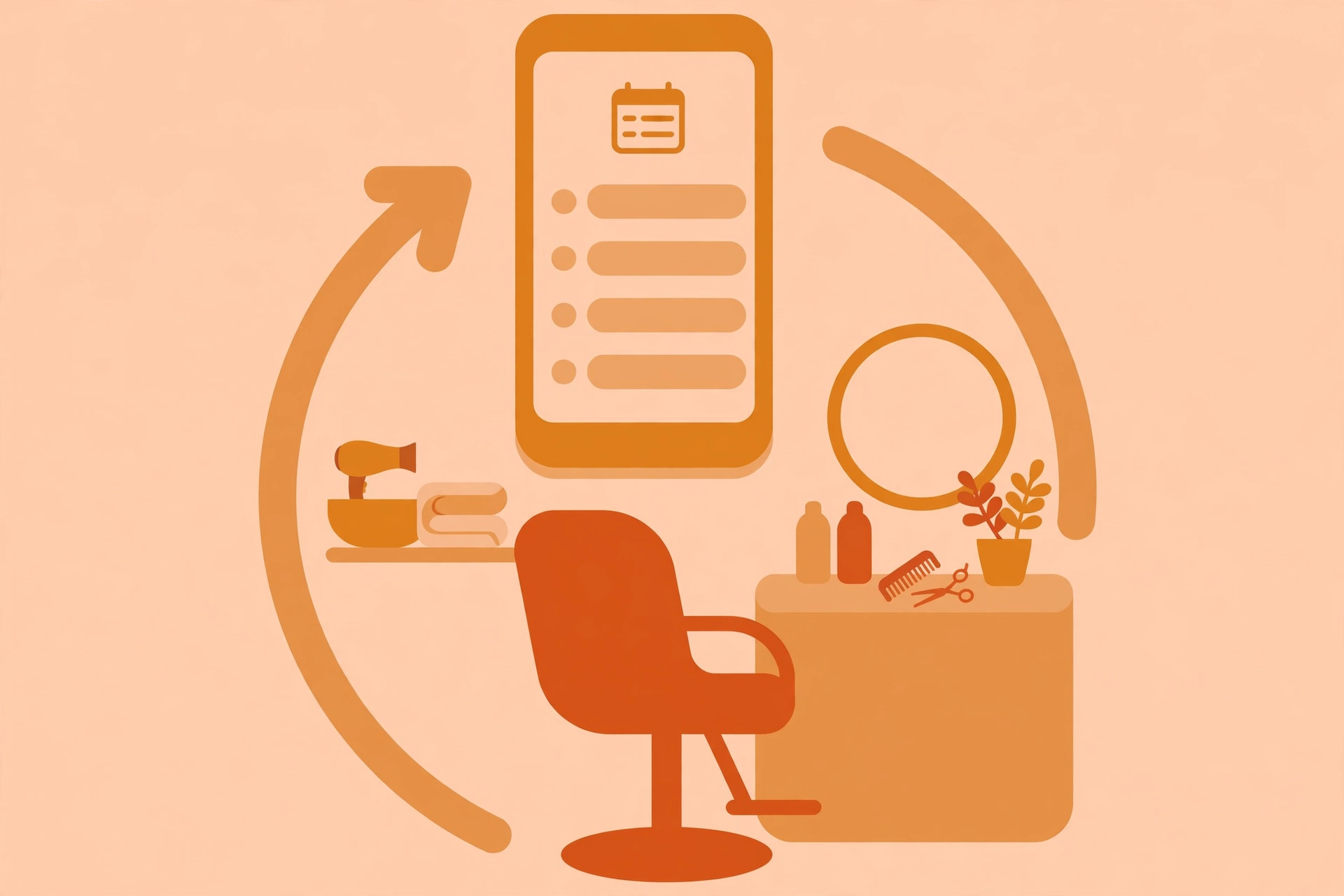 Smartphone showing open appointment slots above a salon chair, suggesting automatic rebooking