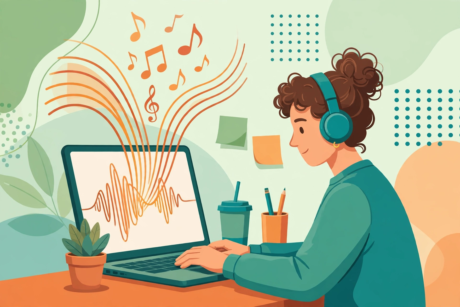 Person wearing headphones generating AI music on a laptop with sound waveforms