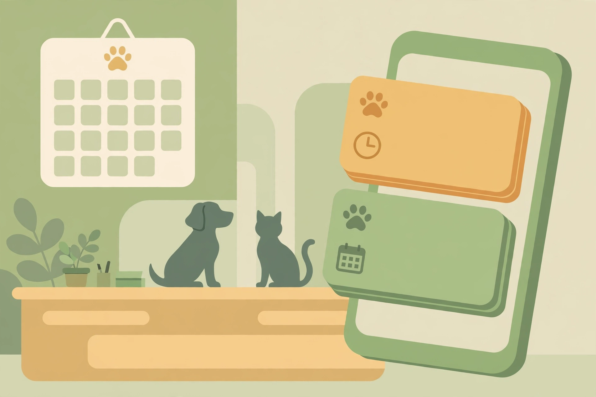 Smartphone showing appointment reminders and a calendar with a paw print at a vet reception desk