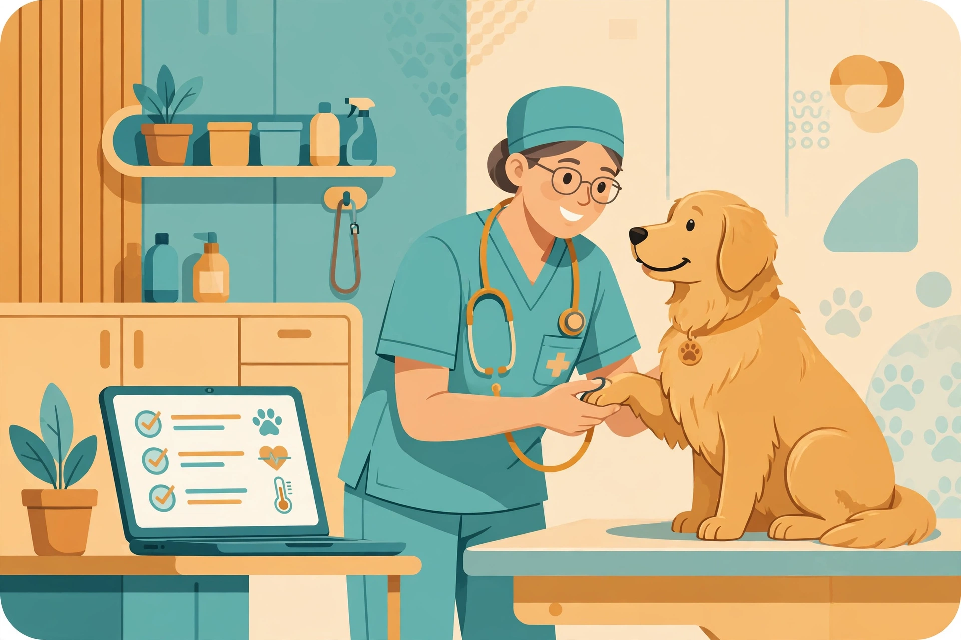 Veterinarian examining a dog while a laptop shows an AI-generated medical checklist